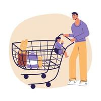 Young man buying food at supermarket. Father with child boy inside shopping cart. Daily routine. Flat cartoon vector illustrtion, trendy colors, isolated on white background.