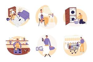 casa del esposo. hombre en el conjunto de actividades domésticas. colección de hombres haciendo trabajo doméstico. chico limpiando, cocinando, lavando, planchando. ilustración de vector de dibujos animados planos, colores de moda, fondo blanco aislado.