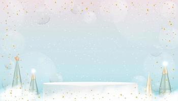 3D Display pedestal white podium with conical tree, gold elements and bubbles on pink, blue background,Vector design concept for Christmas card.Backdrop for Winter holiday Sale,Promotion concept vector