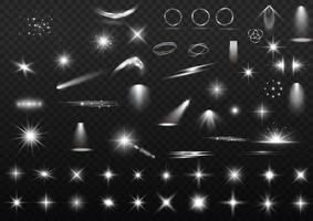 Light effect set. Glow isolated white light effect set, lens flare, explosion, glitter, dust, line, sun flash, spark and stars, spotlight, curve twirl. Sunlight, abstract special effect. vector