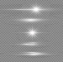 paquete de destellos de lentes horizontales blancos. rayos láser, rayos de luz horizontales. hermosos destellos de luz. luz de flash con chispas de polvo de hadas y estrellas doradas brillan. luz de brillo polvoriento. vector