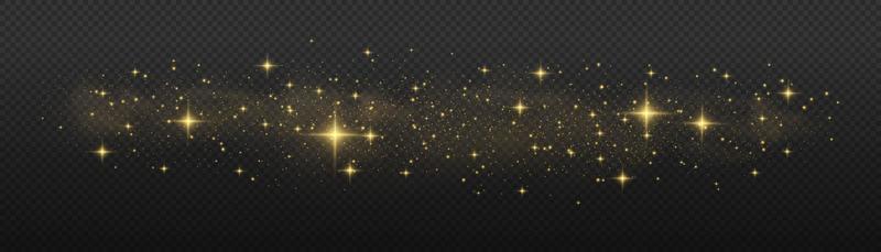 The dust sparks and golden stars shine with special light. Vector sparkles. Christmas light effect.