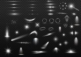 Light effect set. Glow isolated white transparent light effect set, lens flare, explosion, glitter, dust, line, sun flash, spark and stars, spotlight, curve twirl. Sunlight, abstract special effect. vector