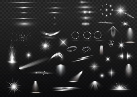 Light effect set. Glow isolated white transparent light effect set, lens flare, explosion, glitter, dust, line, sun flash, spark and stars, spotlight, curve twirl. Sunlight, abstract special effect.
