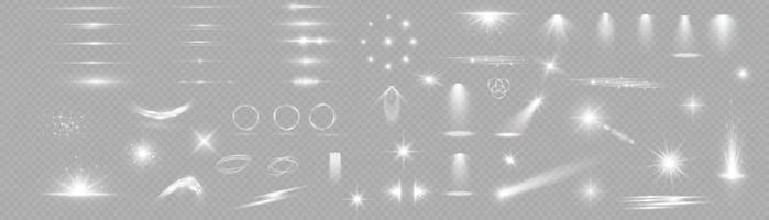 Light effect set. Glow isolated white light effect set, lens flare, explosion, glitter, dust, line, sun flash, spark and stars, spotlight, curve twirl. Sunlight, abstract special effect. vector