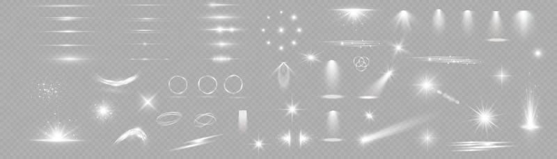 Light effect set. Glow isolated white light effect set, lens flare, explosion, glitter, dust, line, sun flash, spark and stars, spotlight, curve twirl. Sunlight, abstract special effect.