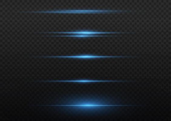 Blue horizontal lens flares pack. Laser beams, horizontal light rays. Beautiful light flares. Flash light with fairy dust sparks and golden stars shine. Dusty shine light.