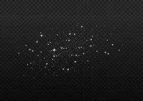 efecto de fondo de partículas de brillo blanco vectorial para tarjeta rica de saludo de lujo. efecto de luz especial de brillo de chispas blancas. textura brillante. chispas de polvo de estrellas en una explosión sobre un fondo negro. vector