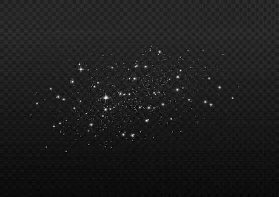 Vector white glitter particles background effect for luxury greeting rich card. White sparks glitter special light effect. Sparkling texture. Stardust sparks in an explosion on a black background.
