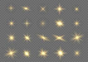 conjunto de efectos de luz blanca aislada brillante, destello de lente, explosión, brillo, línea, destello solar, chispa y estrellas. diseño abstracto de elementos de efectos especiales. rayo de brillo con relámpago vector