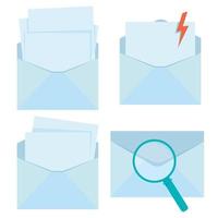 Set of blue envelopes for letters closed and open with sheets of paper and a magnifying glass vector