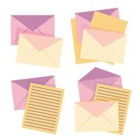 Set of pink and yellow envelopes with sheets of paper vector