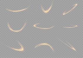 Golden glowing shiny lines effect vector background. Luminous white lines of speed. Light glowing effect. Light trail wave, fire path trace line and incandescence curve twirl.