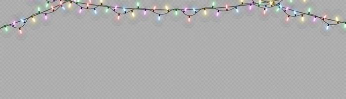 Christmas lights. Vector line with glowing light bulbs.Set of golden xmas glowing garland Led neon lamp illustration. Christmas lights isolated on transparent background for cards, banners, posters