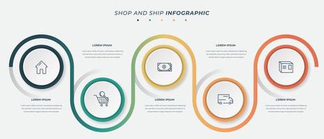 plantilla de infografía empresarial en diseño de 5 círculos con diseño de líneas de color vector