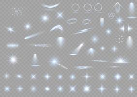 Light effect set. Glow isolated white light effect set, lens flare, explosion, glitter, dust, line, sun flash, spark and stars, spotlight, curve twirl. Sunlight, abstract special effect. vector