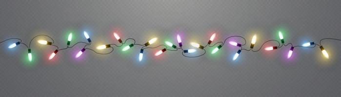 Christmas lights. Vector line with glowing light bulbs.Set of golden xmas glowing garland Led neon lamp illustration. Christmas lights isolated on transparent background for cards, banners, posters