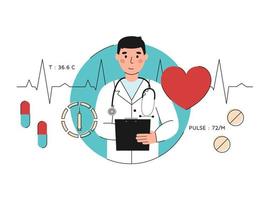 Doctor man with clipboard and stethoscope vector illustration. Background with capsules, pills, syringe, cardiogram, heart, temperature and pulse data. Medical concept