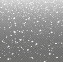 White snowflakes are flying in the air. snow background.Many white cold flakes elements on a transparent background.  Snow and wind. Vector heavy snowfall, snowflakes in various shapes and forms.