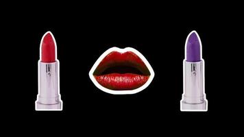 mode kleurrijk lippenstift, schoonheidsmiddelen reeks voor Dames, sexy lippen, lippenstift voor maken omhoog, schoonheid producten. lippenstift kus. bedenken concept hou op beweging, animatie, timelapse video
