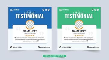 diseño de sección de revisión de clientes con un marcador de posición de foto y estrellas. vector de testimonio de cliente creativo con colores azul y verde. retroalimentación de servicio al cliente y diseño de testimonios para sitios web.