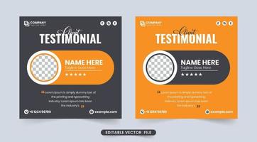 Customer feedback testimonial design with dark and orange colors. Modern customer review layout vector with quote space. Client testimonial and review section design for websites.