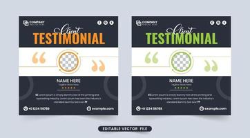 Creative website testimonial and client feedback review section vector with dark backgrounds. Customer service feedback and quote layout vector with a photo placeholder. Business client review design.
