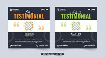 Creative website testimonial and client feedback review section vector with dark backgrounds. Customer service feedback and quote layout vector with a photo placeholder. Business client review design.