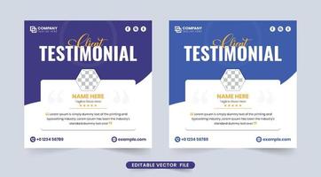 Simple client testimonial and review section vector with abstract shapes. Customer feedback review and service rating section design with blue and purple colors. Creative testimonial vector.