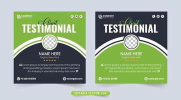 Creative client testimonial and review section layout design. Customer service feedback and rating section with black and green colors. Modern company review and client testimonial design vector. vector