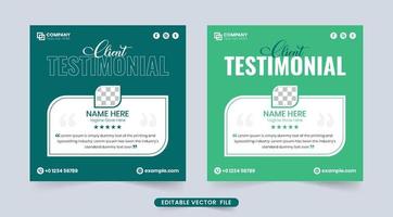 sección de revisión del trabajo del cliente y vector testimonial con formas creativas. los testimonios de clientes y las secciones de comentarios están diseñados con fondos verdes. vector de diseño de comentarios de servicio al cliente.