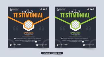 revisión mínima del cliente y plantilla de diseño de comentarios del cliente para empresas y sitios web. testimonio de cliente con efecto de texto naranja y verde sobre fondos oscuros. atención al cliente y revisión de trabajos. vector