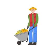 Male character harvesting ripe pumpkins. Farmer with wheelbarrow isolated on white. Man worker transporting vegetables by trolley. Farmer's market concept design. Hand drawn flat vector illustration