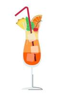 Popular summer alcoholic cocktail decorated with fruit. Tropical fresh drink. Exotic sweet beverage with prominent rum flavor looks like sunrise effect. Flat vertical vector illustration isolated