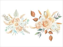 Watercolor bouquets of dried plants and leaves in boho style. vector