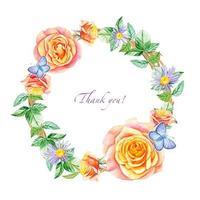 Floral wreath with yellow-pink roses and  leaves. watercolor vector