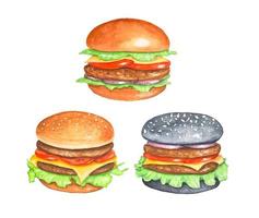 Set of burgers. Watercolor hand drawn illustration vector