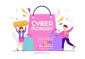 Cyber Monday Template Hand Drawn Cartoon Flat Background Illustration of Business Online Shopping with Big Discount Promo in the United States vector