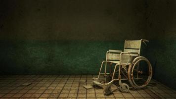 horror y camino espeluznante y silla de ruedas frente a la sala de examen en el hospital. Representación 3d foto