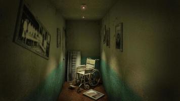 Horror and creepy walk way and wheelchair in front of the examination room in the hospital.3D rendering photo