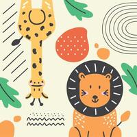 lion and giraffe doodle vector