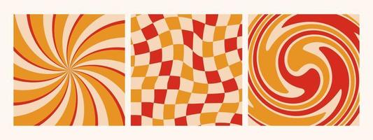 Hippie retro 70s background collection. Abstract waves, swirl, twirl and checkered wallpapers. vector
