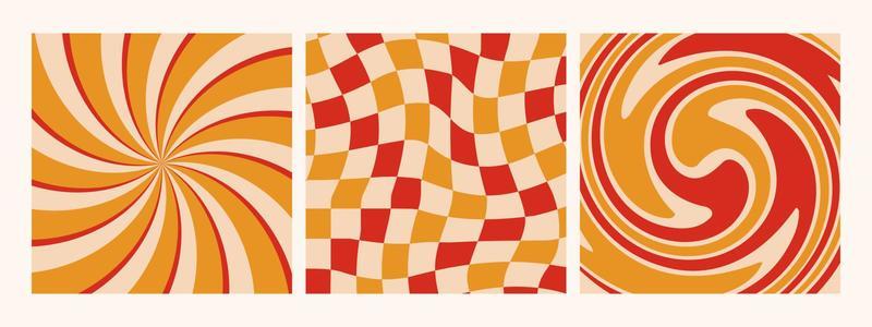 Hippie retro 70s background collection. Abstract waves, swirl, twirl and checkered wallpapers.