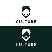 turbante bigote india indio logo diseño vector ilustración. logo de la cara de un hombre con barba y sombrero típico del país indio tradicional.