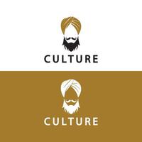 turbante bigote india indio logo diseño vector ilustración. logo de la cara de un hombre con barba y sombrero típico del país indio tradicional.