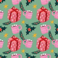 cute christmas items seamless pattern design for wrapping paper green background vector