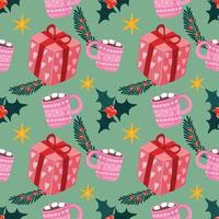 cute christmas items seamless pattern design for wrapping paper green background vector