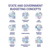 State and government budgeting concept icons set. Financial program idea thin line color illustrations. Isolated symbols. Editable stroke.