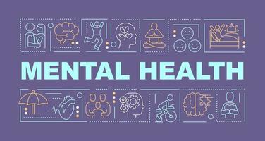 Mental health word concepts dark purple banner. Psychologist help. Infographics with icons on color background. Isolated typography. Vector illustration with text.