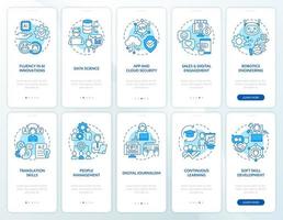 conjunto de pantalla de aplicación móvil de incorporación azul de desarrollo profesional continuo. recorrido por las páginas de instrucciones gráficas de 5 pasos con conceptos lineales. interfaz de usuario, ux, plantilla de interfaz gráfica de usuario. vector